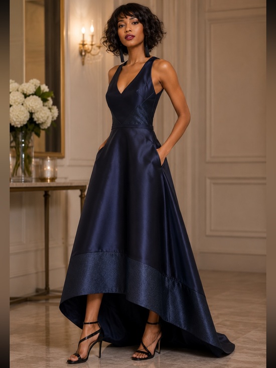Theia Dresses & Skirts - Theia NAVY BLUE high low V-Neck sleeveless evening long Gown